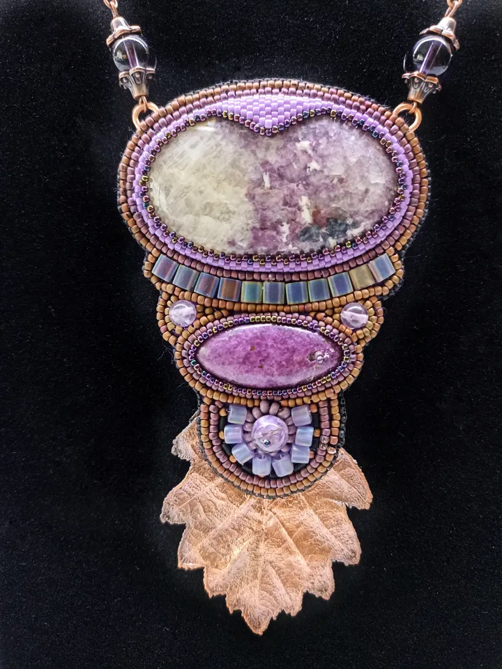 Bead embroidered violet necklace with Lepidolite, Sugilite, Charoite and Amethyst gemstones and an electroformed oak leaf Boho jewelry OOAK