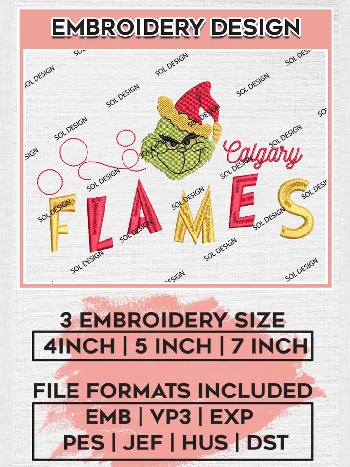 Grinch Calgary Flames Embroidery Designs, Grinch Christmas Embroidery Files, NHL Flames Machine Embroidery Designs, NHL Calgary Flames Logo, NHL Christmas Machine Embroidery Design, Digital Download