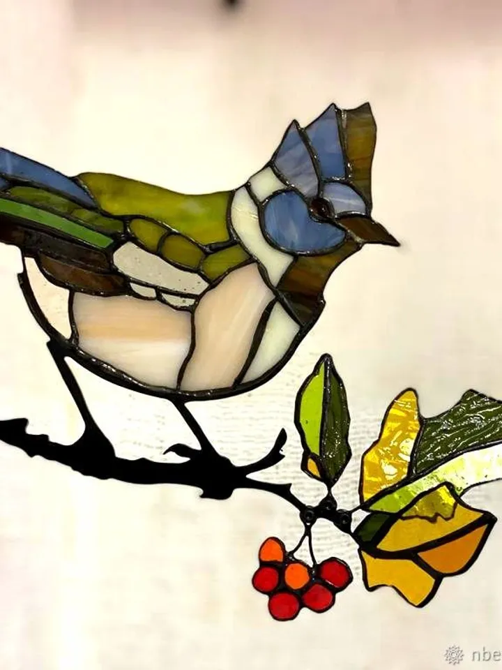 Crested Tit on a Hawthorn Branch, Tiffany Stained Glass Art, Stained Glass Crested Tit and Hawthorn, Tiffany Style, Nature-Inspired Crested Tit Stained Glass Panel, Tiffany Technique Stained Glass, Bird on Hawthorn, Crested Tit Bird with Berries, Handmade
