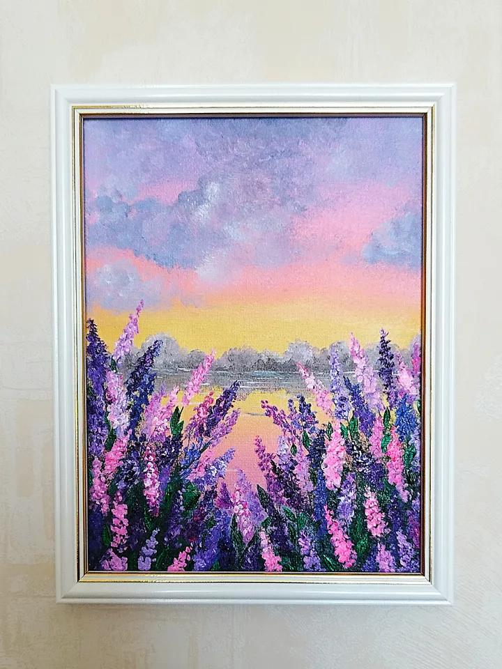 Sunset acrylic painting. Landscape art impasto wall decor