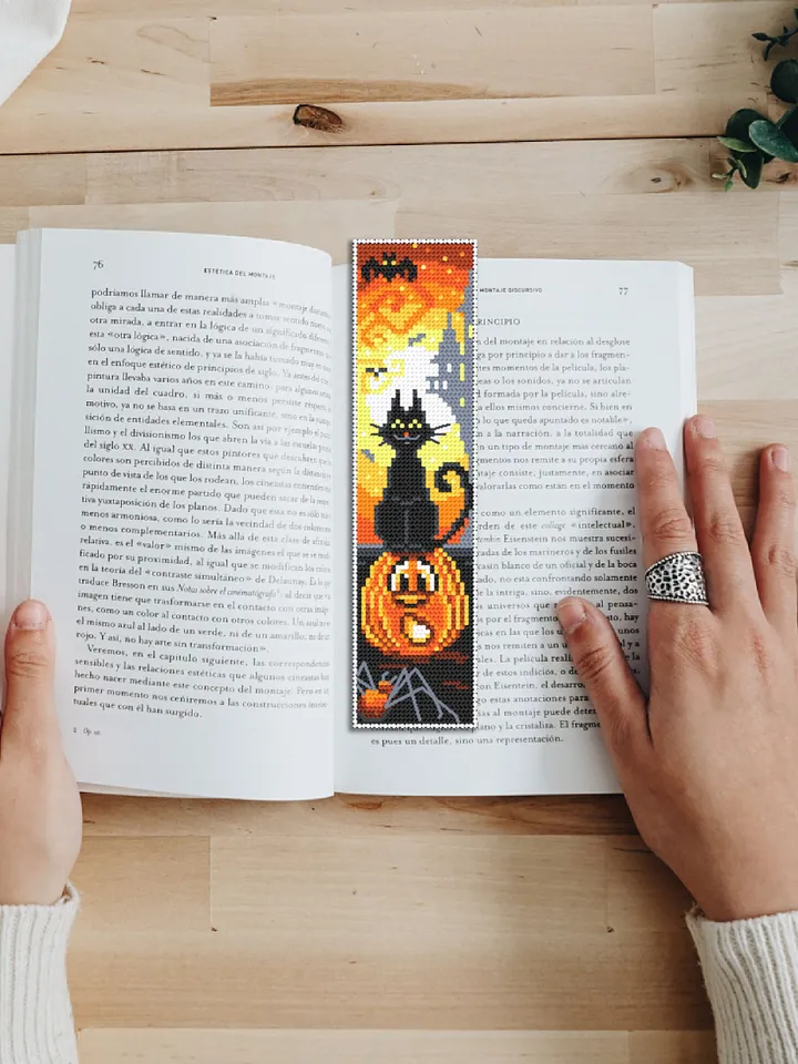 Halloween bookmark cross stitch pattern download PDF Modern handmade bookmark digital, Halloween cross stitch Cute Black cat embroidery #B71