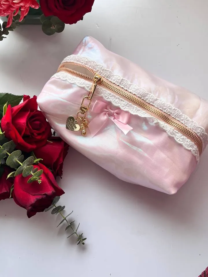 Princess Bow Makeup Bag, Girly cosmetic bag, personal items holder, with a cute lace detail