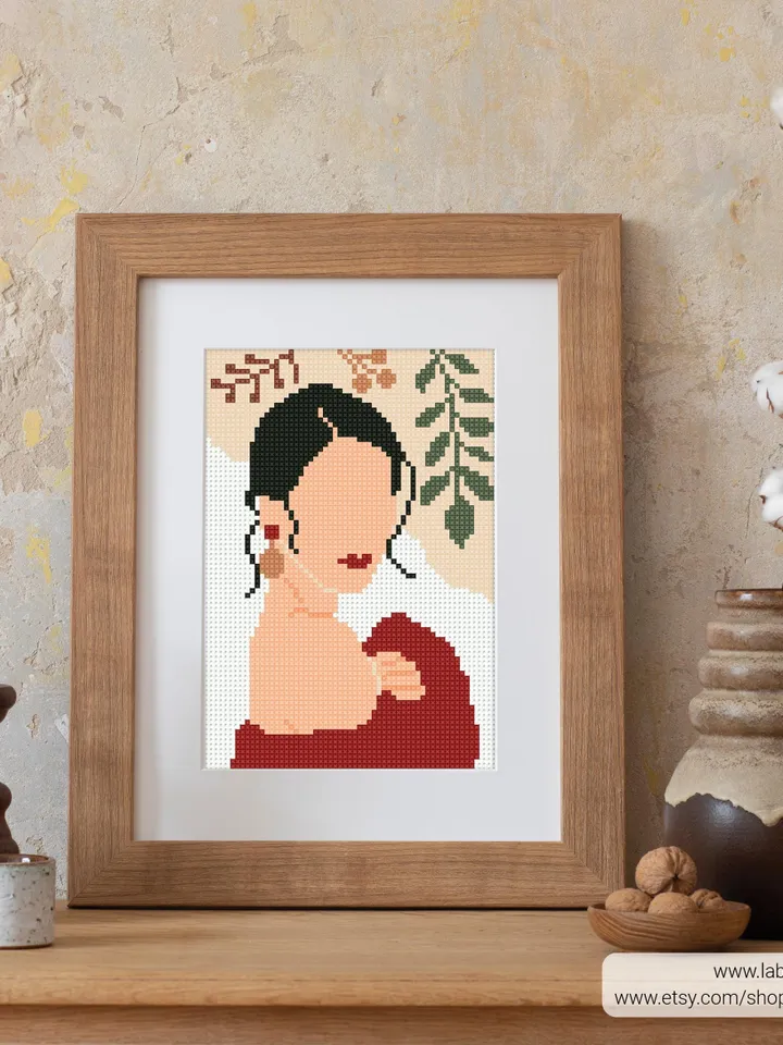 Boho Style Woman cross stitch pattern, Floral, nature, girl, home decor, counted, chart, gift DIY, embroidery, beginner, instant Digital PDF