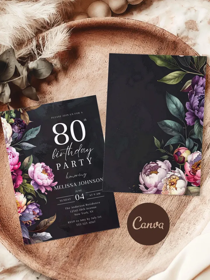 80th Birthday Invitation for women – Moody Burgundy & Blush Peony Floral Invitation, Elegant Dark Men Birthday Party Invite Canva Template