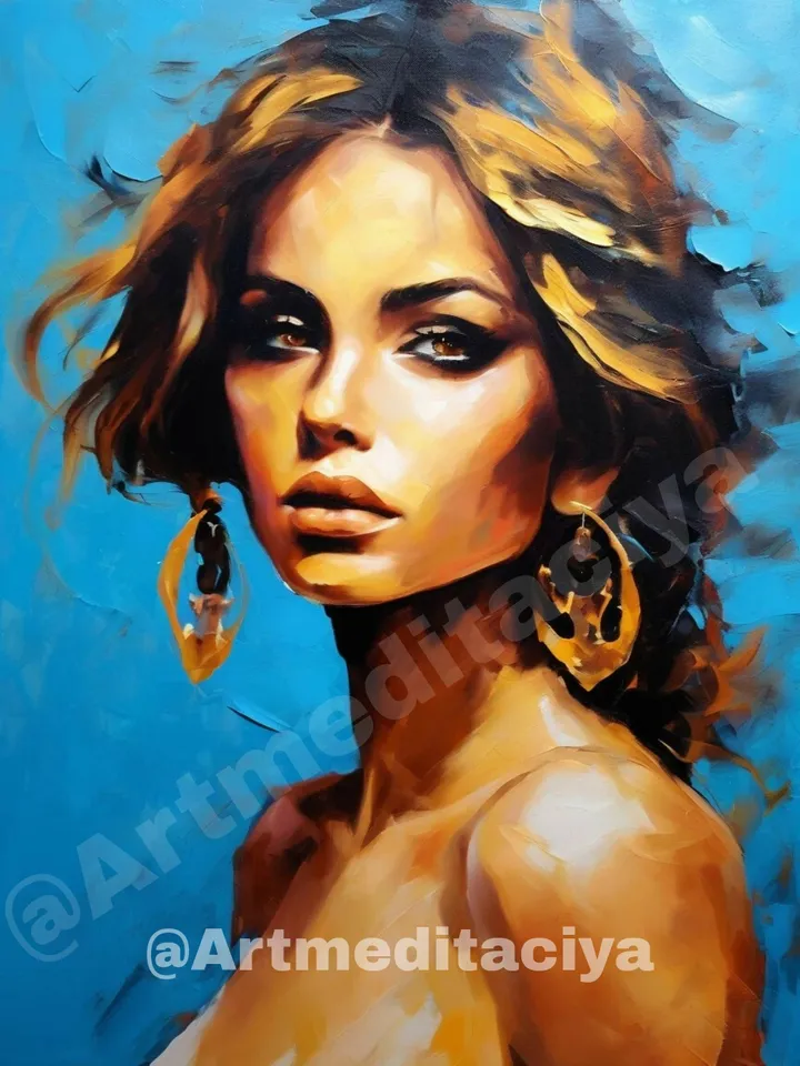 The digital abstract textural painting "Girl" in the style of oil painting with a palette knife on a blue background is a concise image of a beautiful brunette of European appearance with expressive brown eyes and golden strands of hair and gold earrings