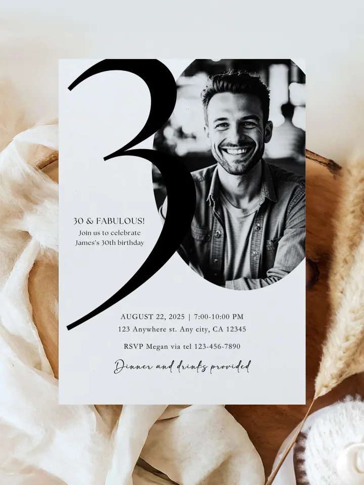 30th Birthday Party Invitation Card, Look Who's 30, Editable 30th Birthday Card Template, Printable Minimalist Birthday Photo Card Canva