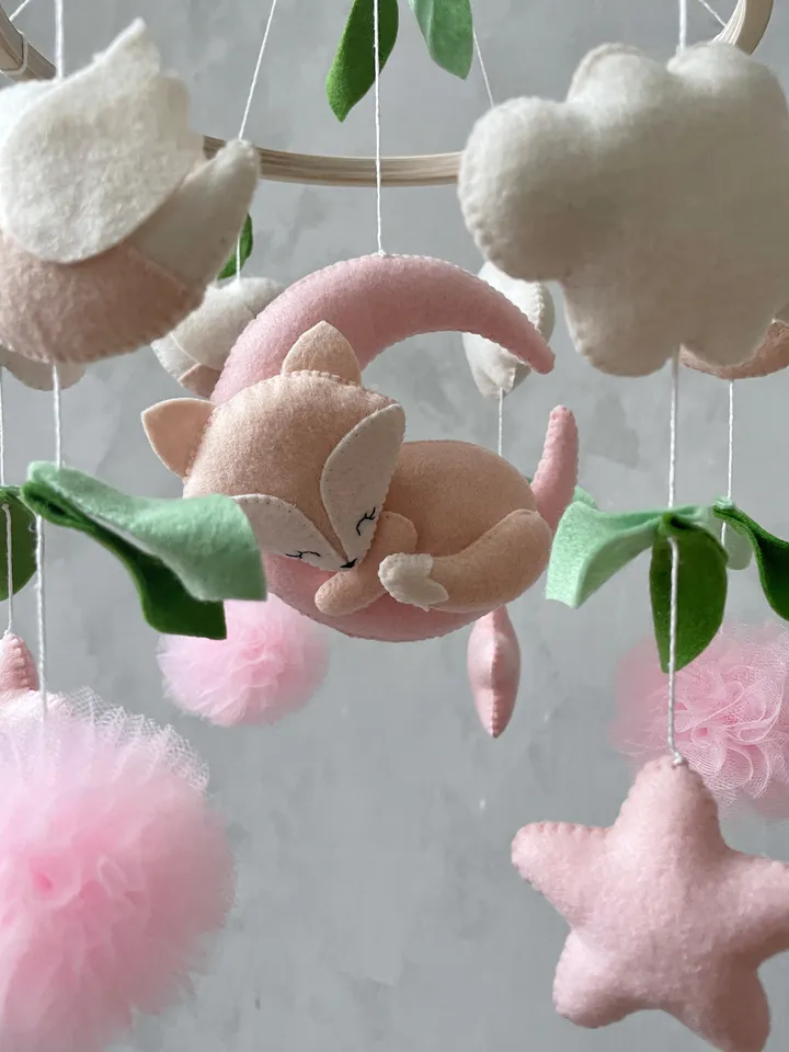 Fox baby mobile girl pink and mint, Woodland crib mobile girl