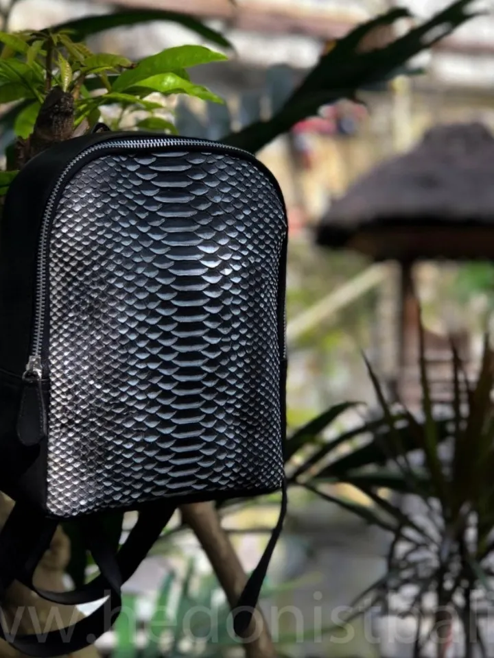 Genuine python skin small backpack | leather backpack black white snake| small designer rucksack | Exotic leather bags | Women handmade bags