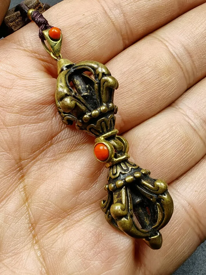 Tibetan Vajra Dorje Amulet - Antique Brass Buddha Protective Charm Inlaid with Agate | 2.0 Inches | Spiritual Gift from Tibet