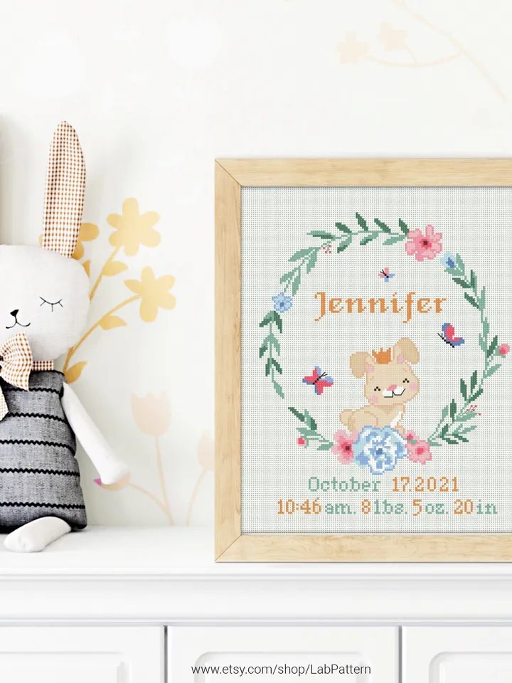 Rabbit Birth announcement cross stitch pattern, baby,personalized, boy girl nursery decor, counted, chart, gift DIY, embroidery, instant PDF