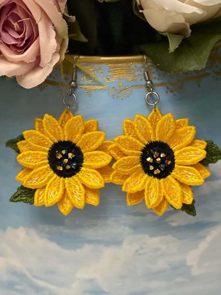 Sunflower earrings FSL Machine embroidery design Digital embroidery pattern Free standing lace flower file