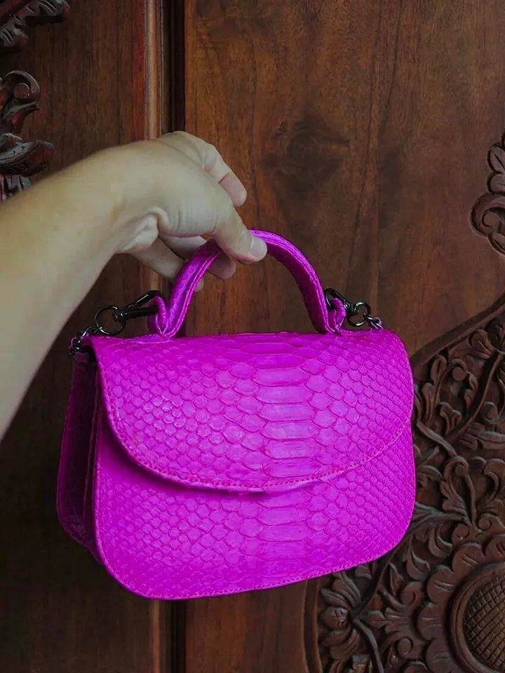 Genuine Python Skin Top Handle hot pink Crossbody Bag | Exotic Leather Bags | Snakeprint Bag | Handmade Designer Bag | Gift For Her