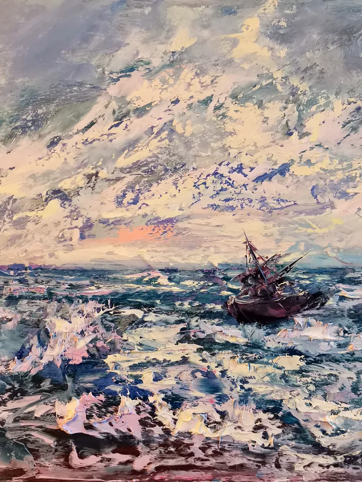 Mountains Sea Ship Ocean Sunset Original Art Oil Painting Artist Svinar Oksana