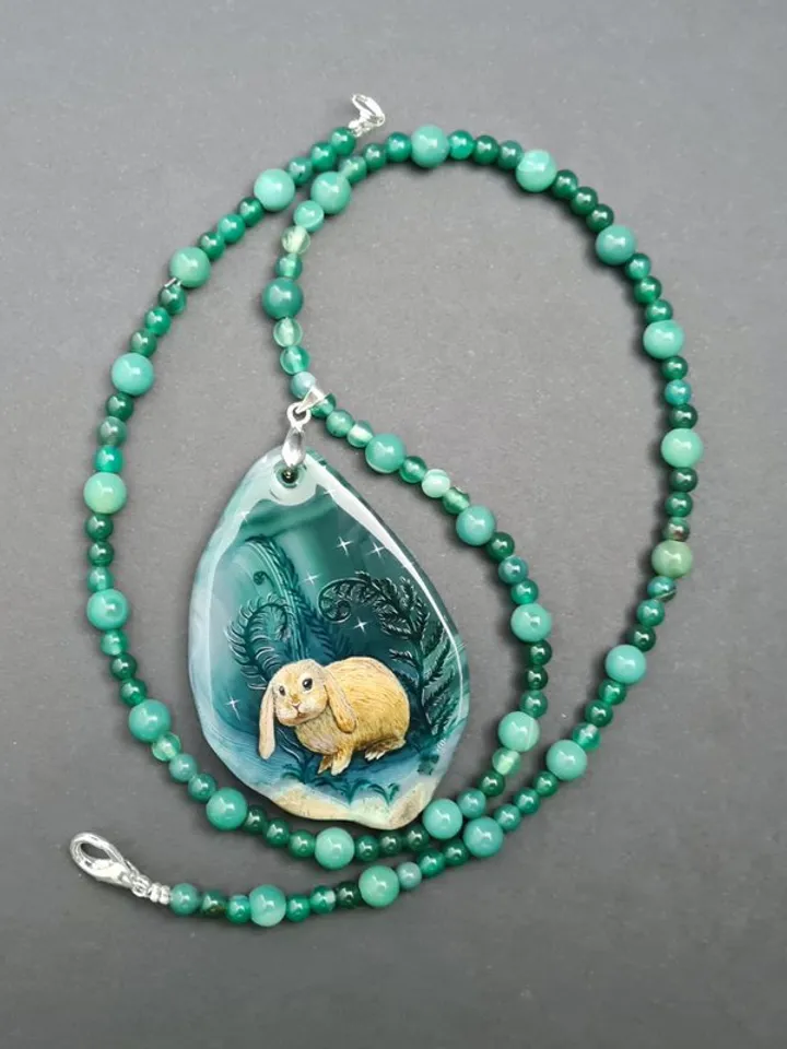 Necklace with rabbit or hare in ferns Oil painting on Agate stone
