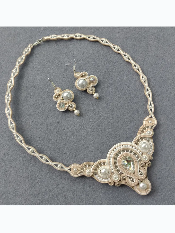 Wedding jewelry set, White beige necklace and earrings, Soutache embroidery, Rhinestone beaded necklace