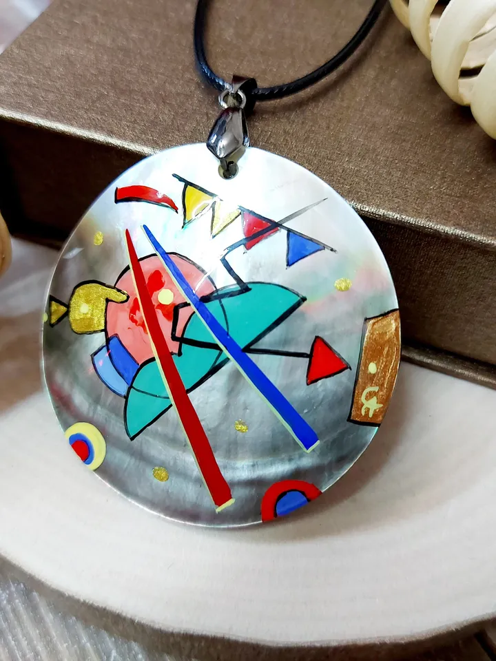 Pendant Kandinsky 2 Mother-of-pearl Hand-painted Russian jewelry magic of painting fine art jewelry Art gift Fedoskino Collectible