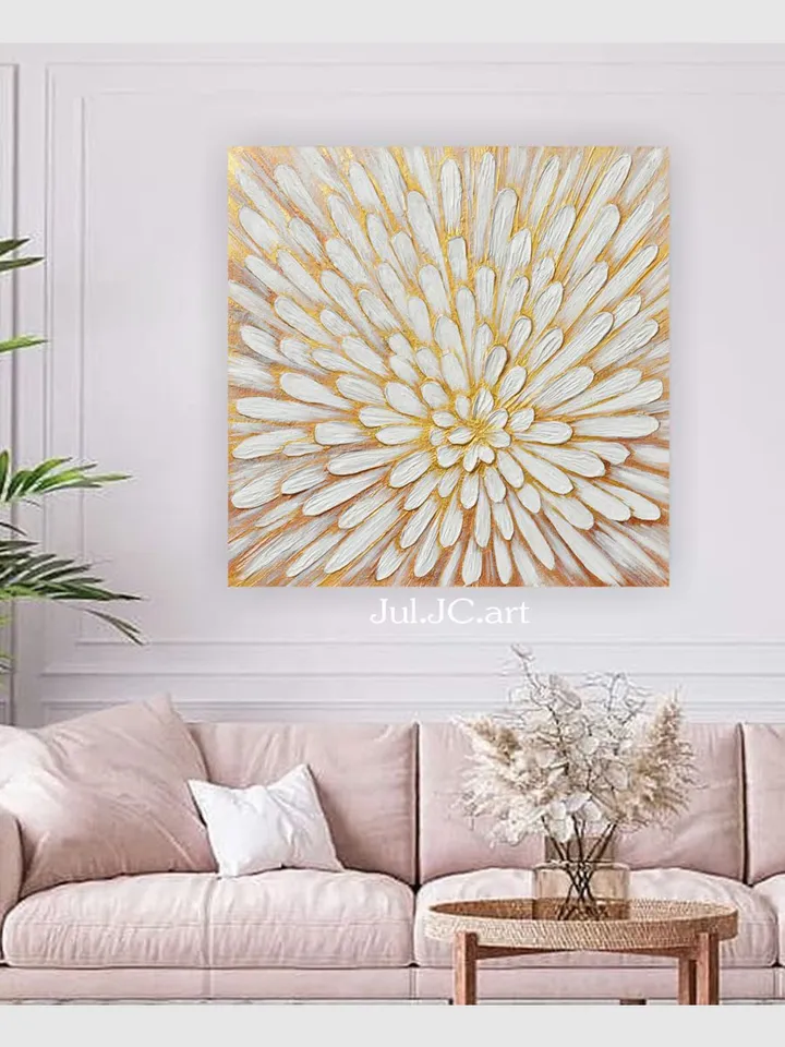 Gold and White Floral Wall Art Abstract Original Painting Textured artwork Modern wall decor