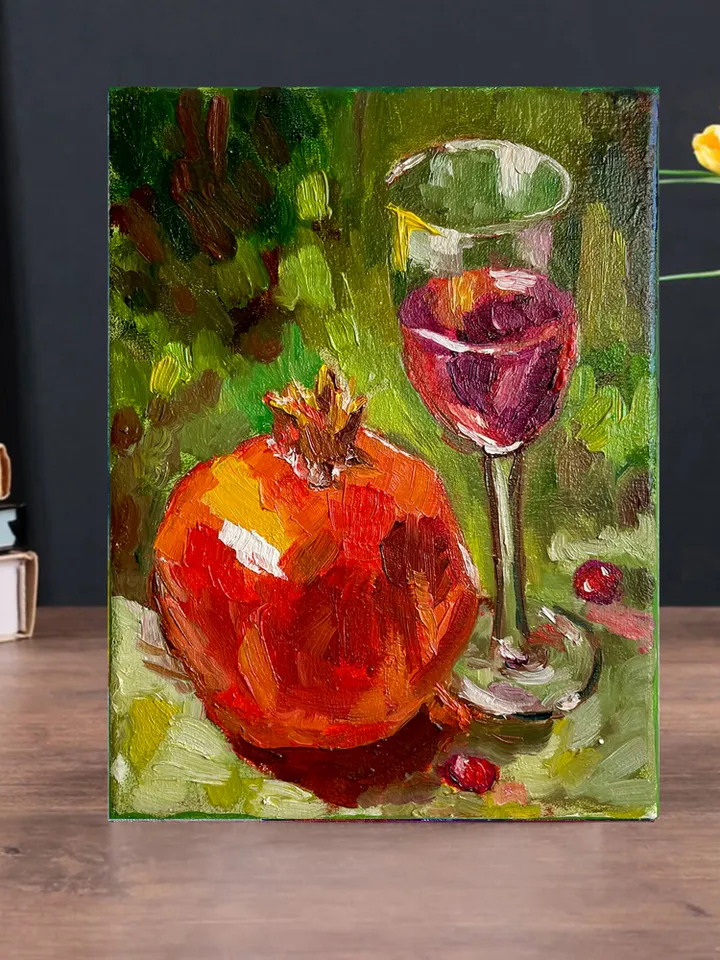 Pomegranate fruit painting Original, Wine Glass Still Life Painting, Small modern art 8" x 6"