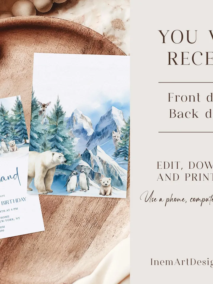 Winter Onederland 1st Birthday Invitation, Snow Woodland 1st Birthday Invite, Winter Onederland, Printable 1st Birthday Invitation - i131