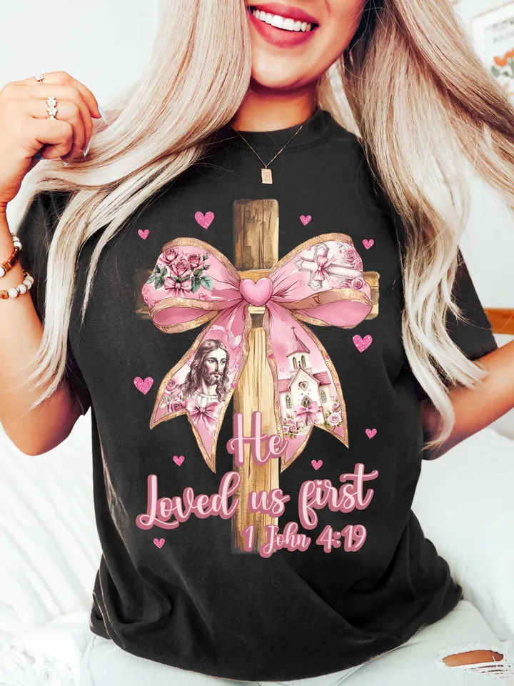 He Loved us first Png, Valentine Png, Valentine Bow Png, Christian Cross Png, Bible verse Png, Love like Jesus, Jesus Valentine png John 4