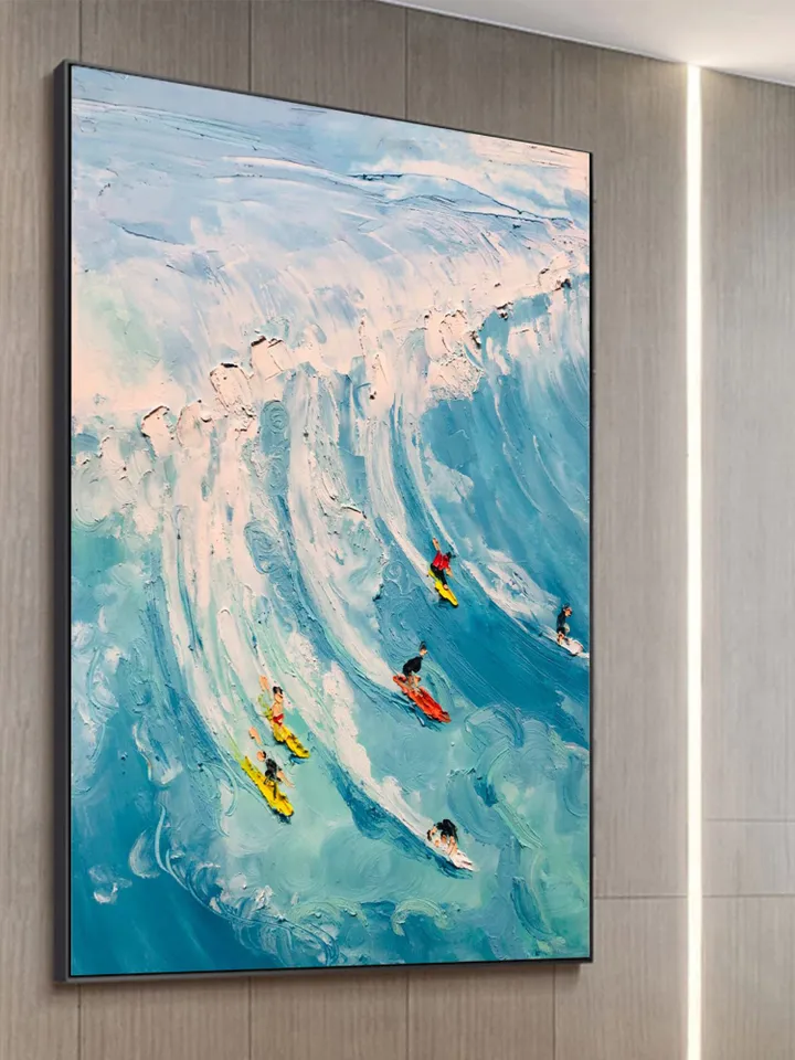 Original Surf Painting on Canvas Custom Painting Texture Wall Art Personalized Gift Blue Ocean Waves Nature Scenery Art Bedroom Wall Decor