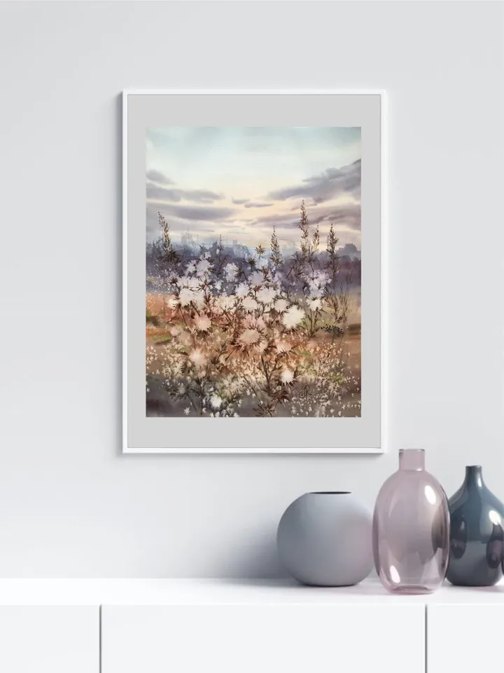 Meadow Original Watercolor Painting Field Landscape Wildflowers Art