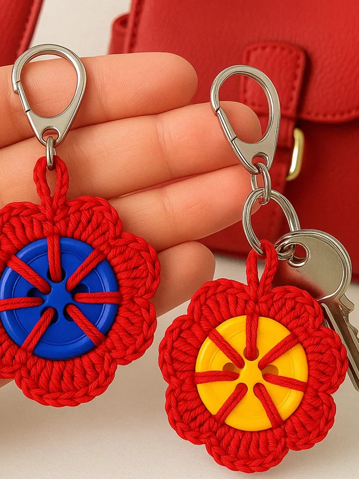 Retro Button Bloom Keychain Crochet Pattern, Easy Upcycled DIY Bag Charm PDF, Round Yarn Key Ring Motif Tutorial