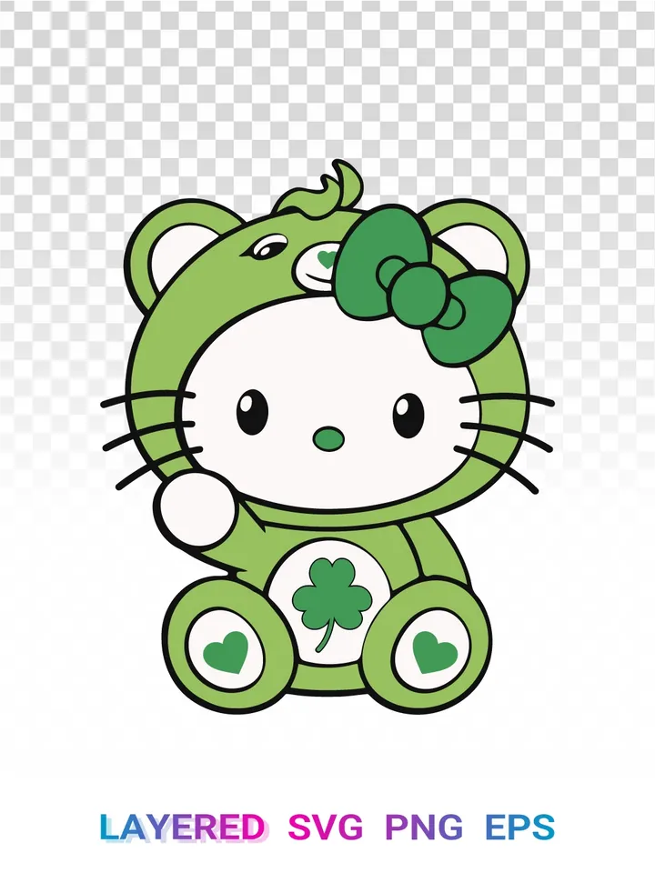 Hello Kitty Good Luck 🍀 Bear Green PNG, Shamrock Care Bears SVG