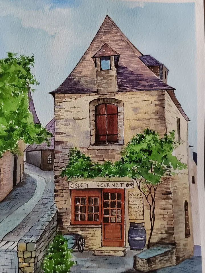 Beynac et Cazenac Village Painting French Village Landscape Artwork Original Watercolor Art 11.81x15.74 in by SoftWaves