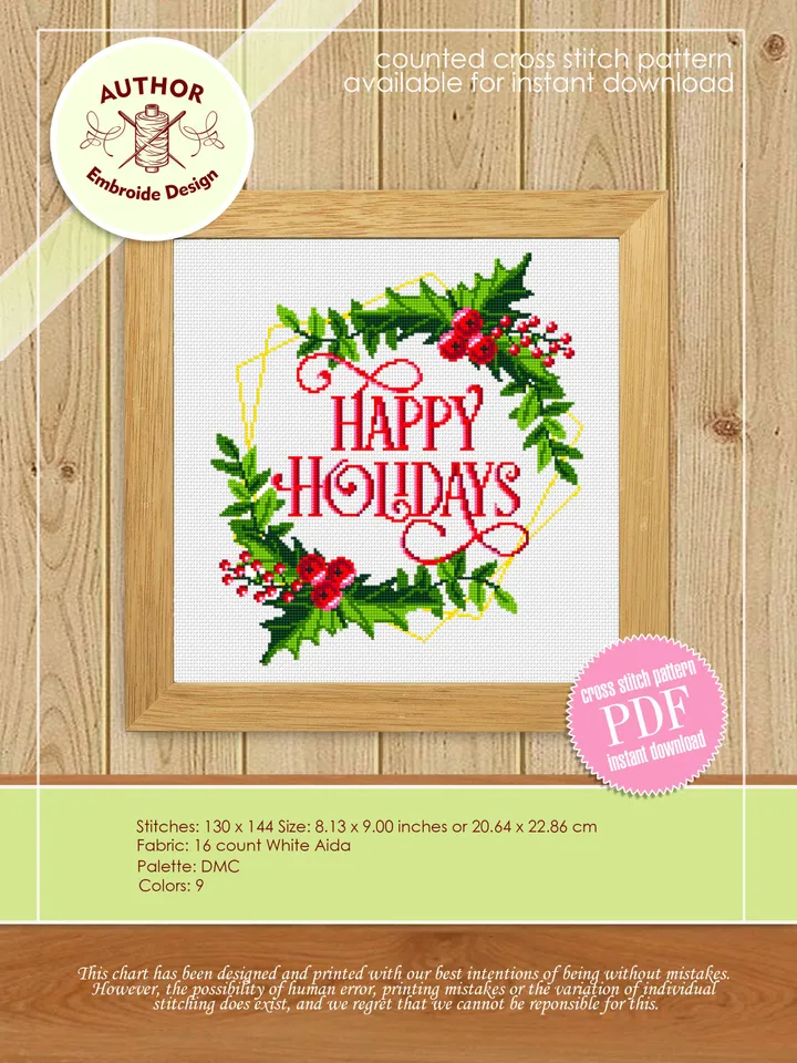 Christmas holly berry wreath cross stitch pattern PDF Happy holidays cross stitch framed, Instant download PDF, Christmas home decor #N31