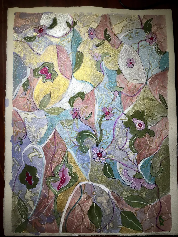 Abstract floral watercolor original artwork, fantasy wall art, pastel and golden colors wall art,one of a kind,wall decoration,gift