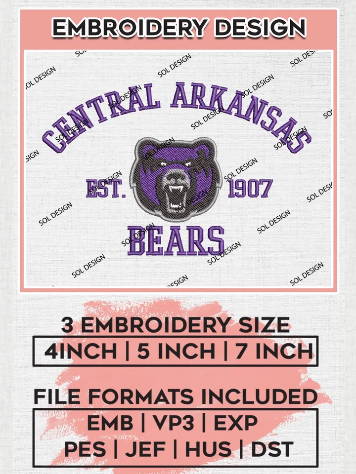 Central Arkansas Bears Est 1907 Logo Embroidery Designs, NCAA Central Arkansas Bears Team Embroidery, NCAA Team Logo, 3 sizes, Machine embroidery Files, Digital Download