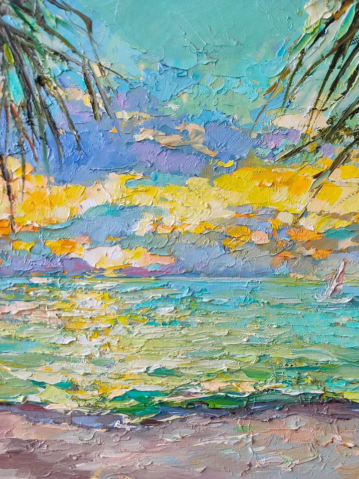 Seascape California Oil Painting Stretched on Frame Canvas 12/12 inch Original Art Colorful Seascape Oil Painting Made with Palette Knife by Nata_Lena_Art