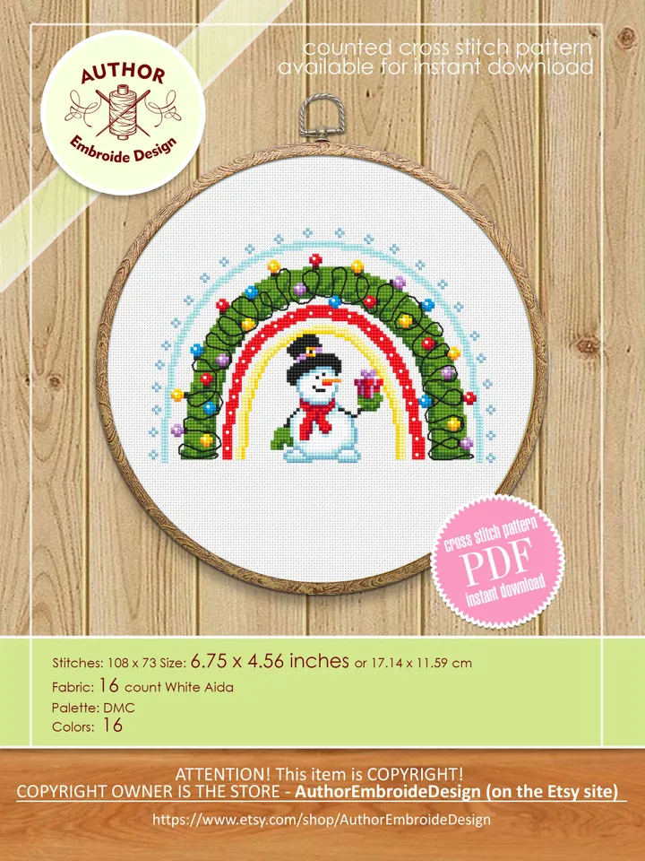 Rainbow Christmas cross stitch pattern PDF download Small snowman cross stitch chart, Christmas pattern digital PDF, Christmas lights #N138