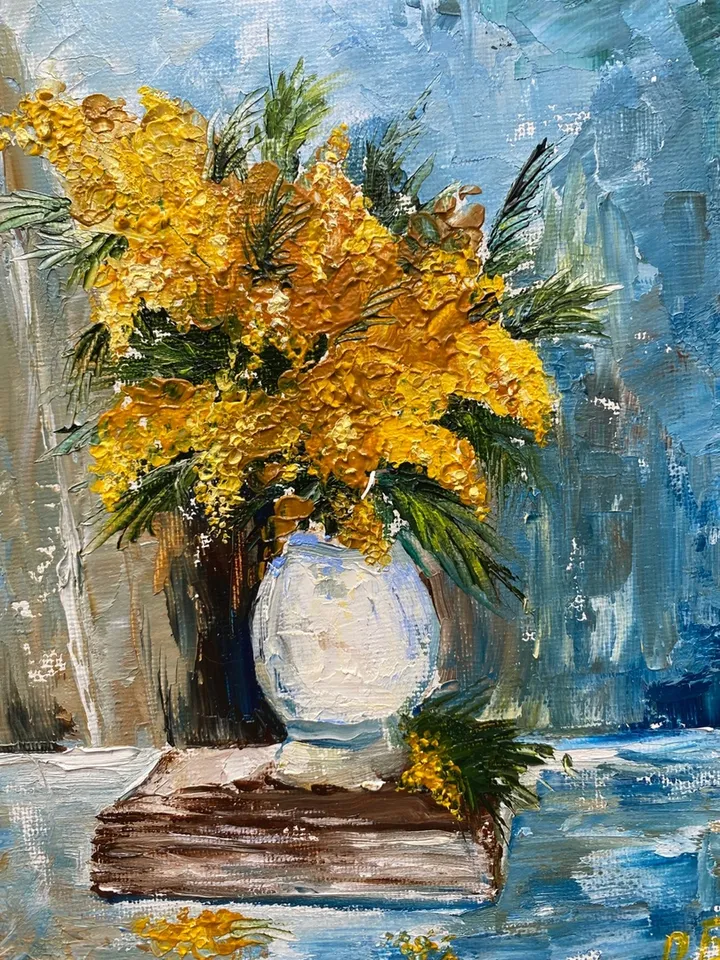 Mimosa. Picturesque still life, oil painting, canvas on cardboard - a unique gift.
