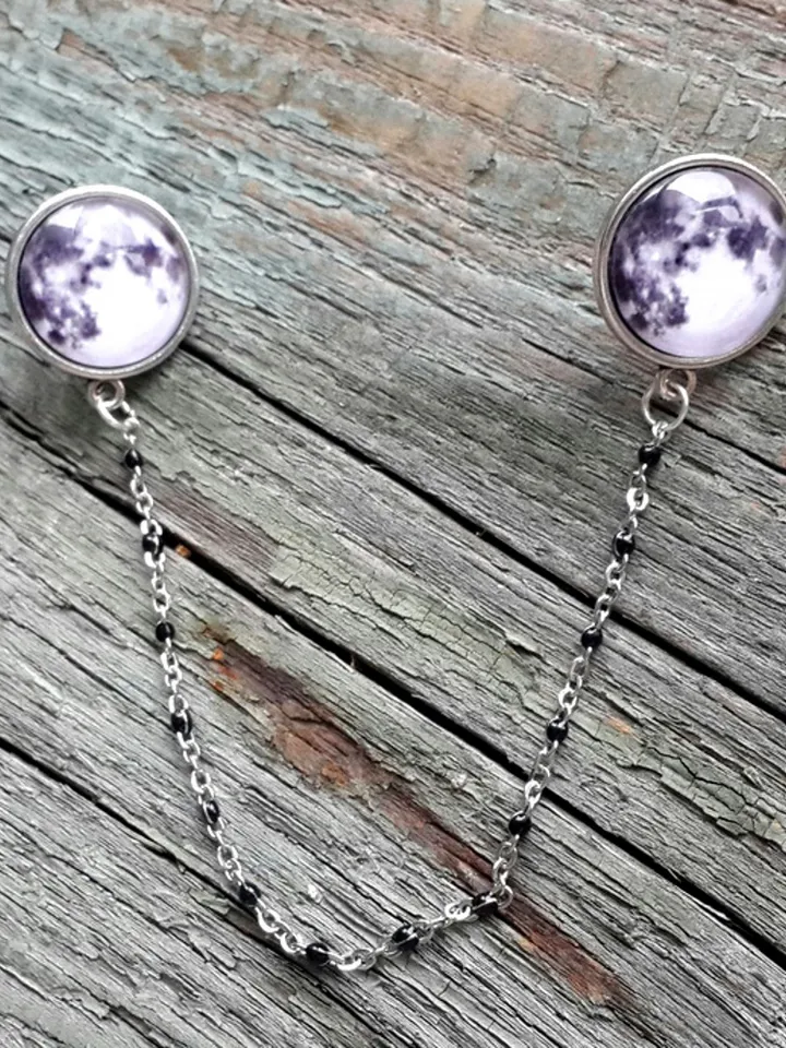 Full Moon Collar Brooch, Moon Pin with chain