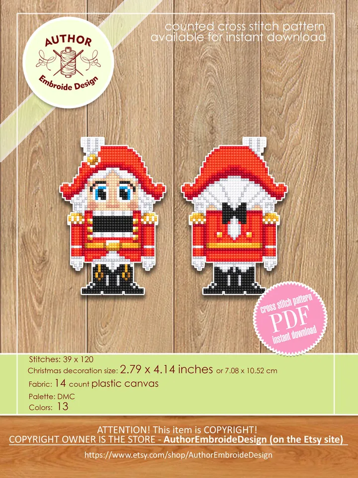 Nutcracker cross stitch pattern PDF download Double-sided Christmas tree decor for plastic canvas, Nutcracker ornament cross stitch #N100