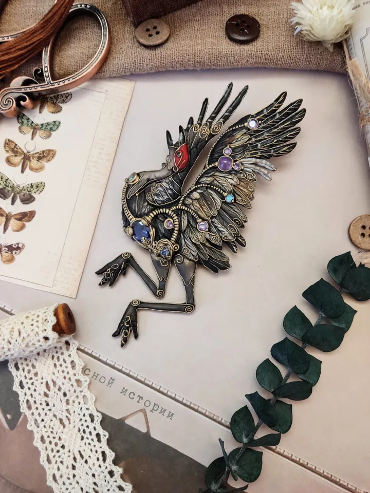 Dancing Crane brooch, bird brooch, crane, bird jewelry, brooch with stones