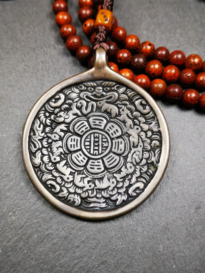 Gandhanra Antique SIPAHO(srid pa ho) Amulet, Tibetan Buddhist Astrology Calendar Badge,12 zodiac Melong Mirror, Jiugong Bagua,30 Years Old