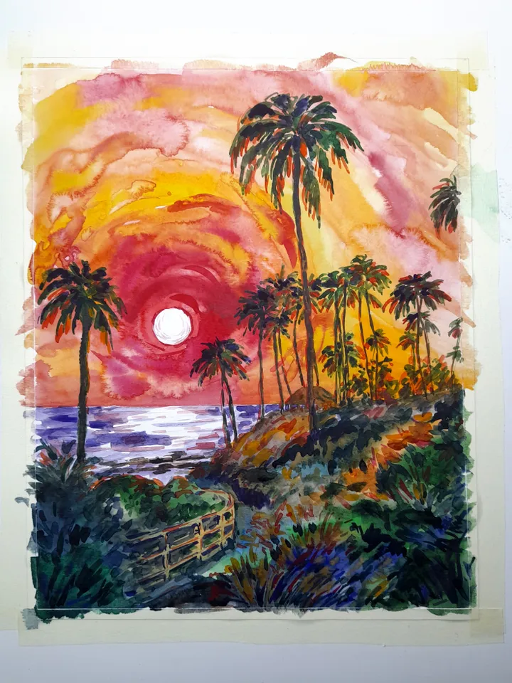 Laguna Beach Painting Sunset Original Art California Painting Watercolor Art Palm Tree Artwork 14 by 11 by TatianaArtShop