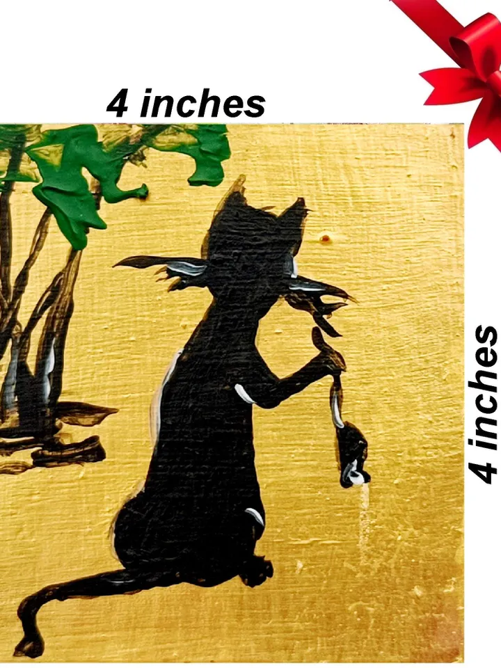 Black cat Mini painting a black cat and mouse painting framed 4x4 in Original Handmade painting Gift by ArtProkopaloSv