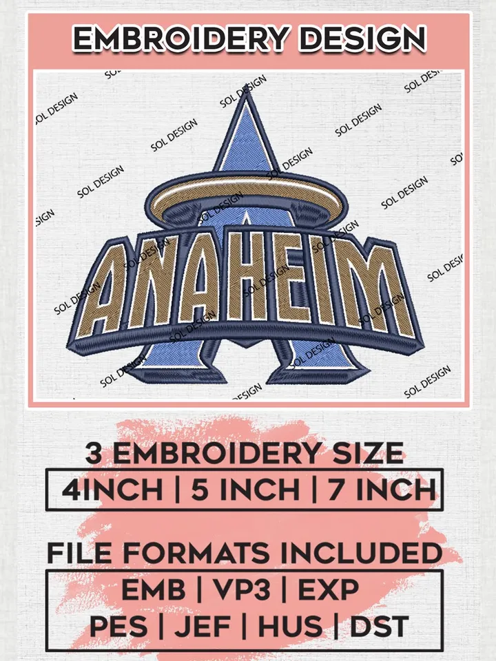 Anaheim Logo Embroidery Files, MLB Los Angeles Angels Team Embroidery, MLB Teams, 3 sizes, MLB Machine embroidery designs, Digital Download