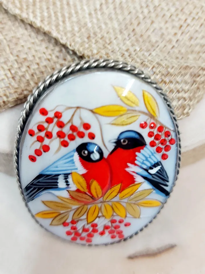 Russian jewelry brooch: Bullfinches couple. Hand painted miniature. Russian fine art style Fedoskino on abalone shell. Gift art pin for her
