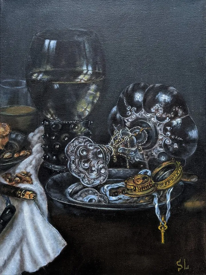 Oil Painting Still Life with Wine Glass, Pie and Antique Clock Original Art 16x12 inches