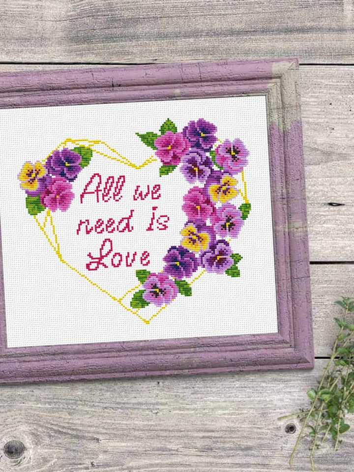 Heart frame cross stitch pattern PDF download Framed quote cross stitch All we need is love, Flower wreath cross stitch chart, Valentine Q56