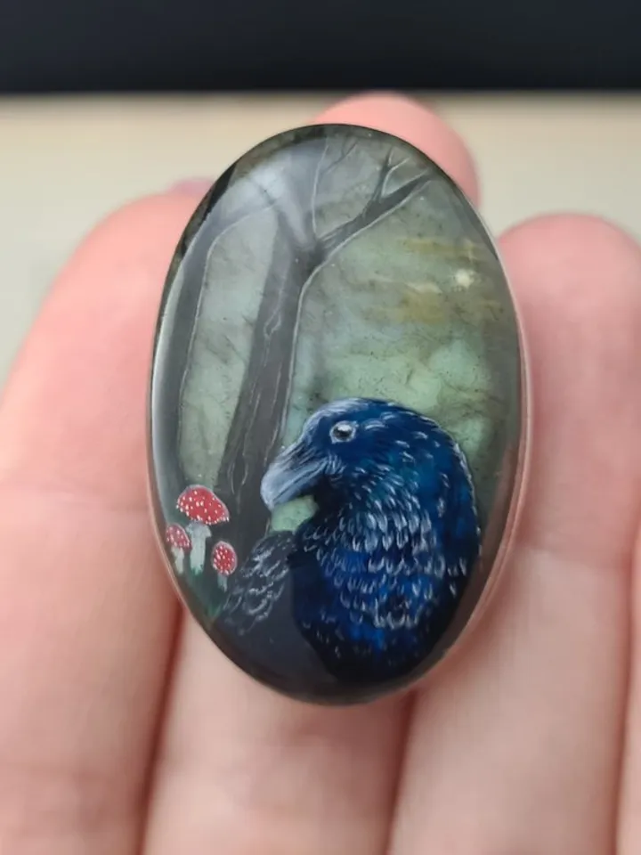 Raven ring Labradorite ring Stone painting Aaa large labradorite crow ring