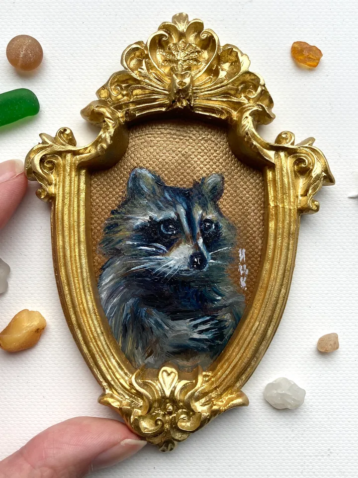Raccoon Oil Painting Original In Vintage Style Frame Small Framed Animals Wildlife Art Arch Frame