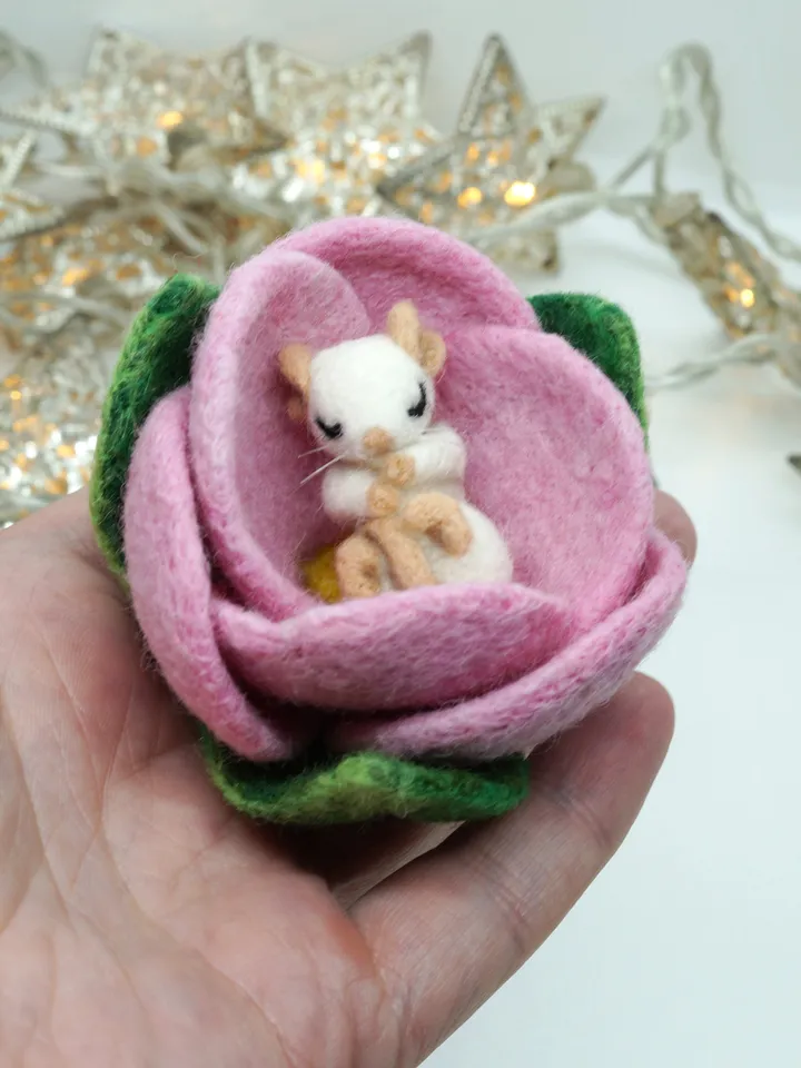 Miniature needle felted mouse sleeping in a pink flower, baby mouse, white mouse, made to order