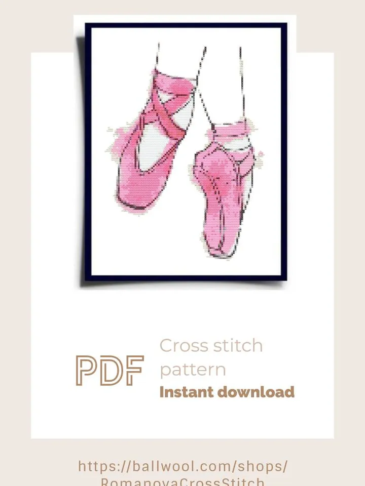 Pink pointe shoes cross stitch PDF pattern, Watercolor embroidery design, Instant download