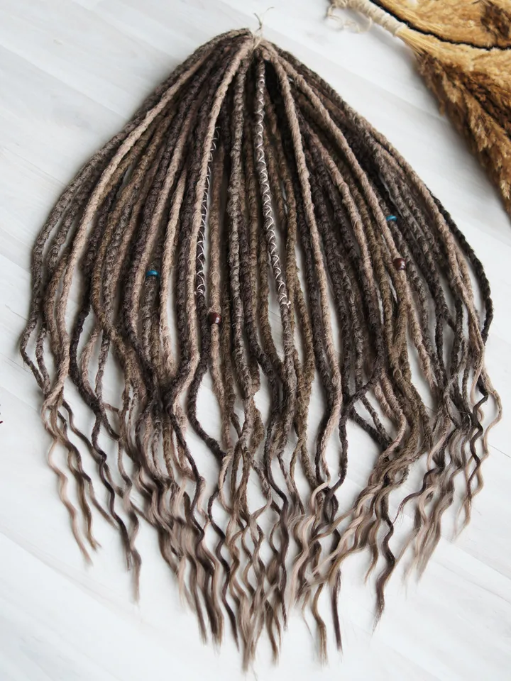 Wavy Synthetic Dreadlock Extensions in Ash Brown with Boho Beads and Wraps for Natural Looking Festival Hairstyles